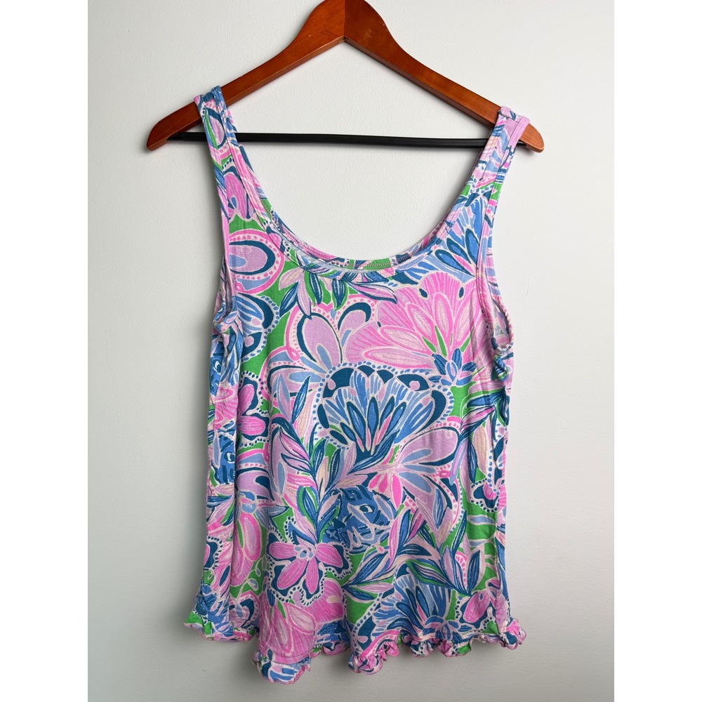 LILLY PULITZER Ruffle Hem Tank Top Women Pink Floral Print Small